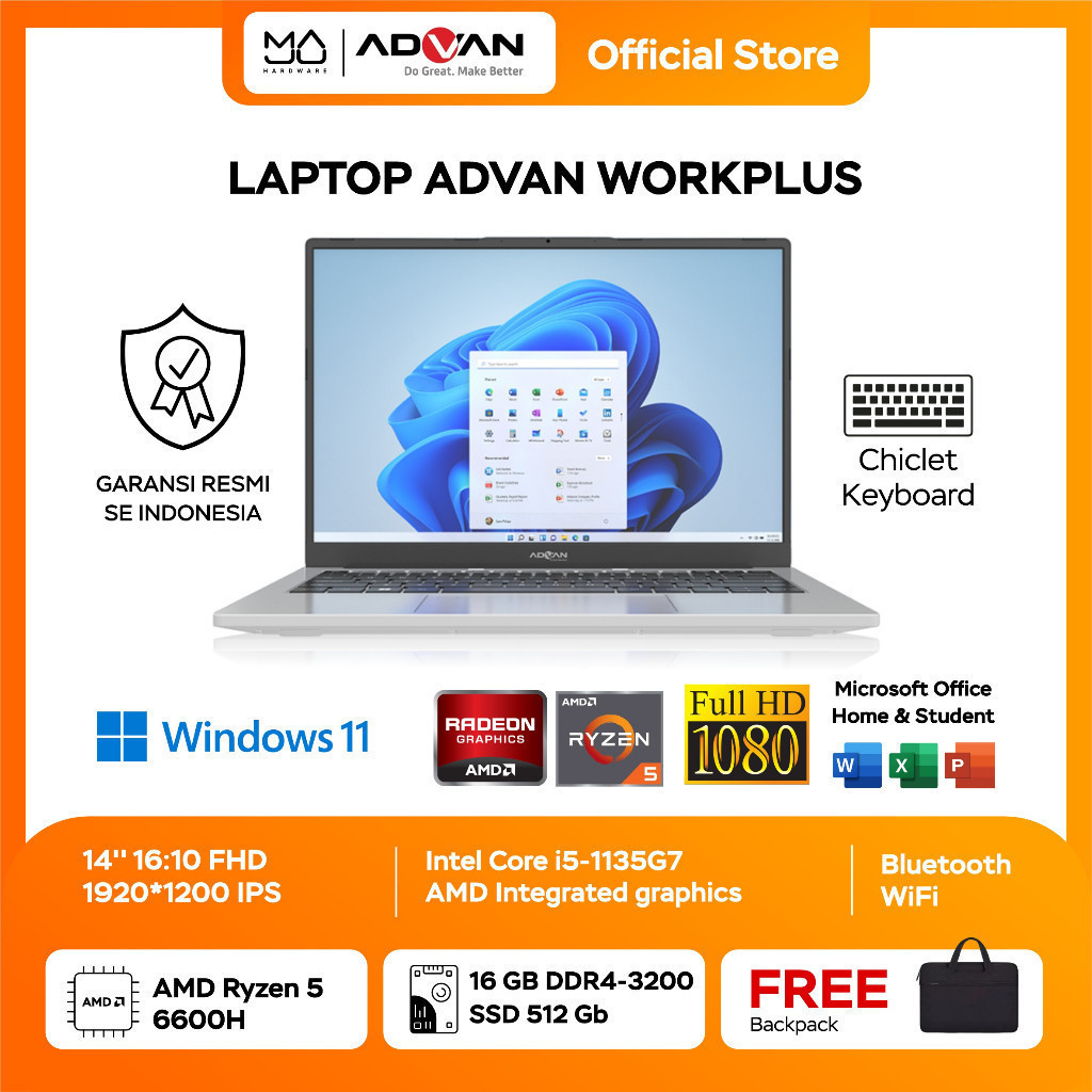 Laptop ADVAN Workplus AMD RYZEN 5 6600H 14'' FHD IPS 16GB 512GB Win 11