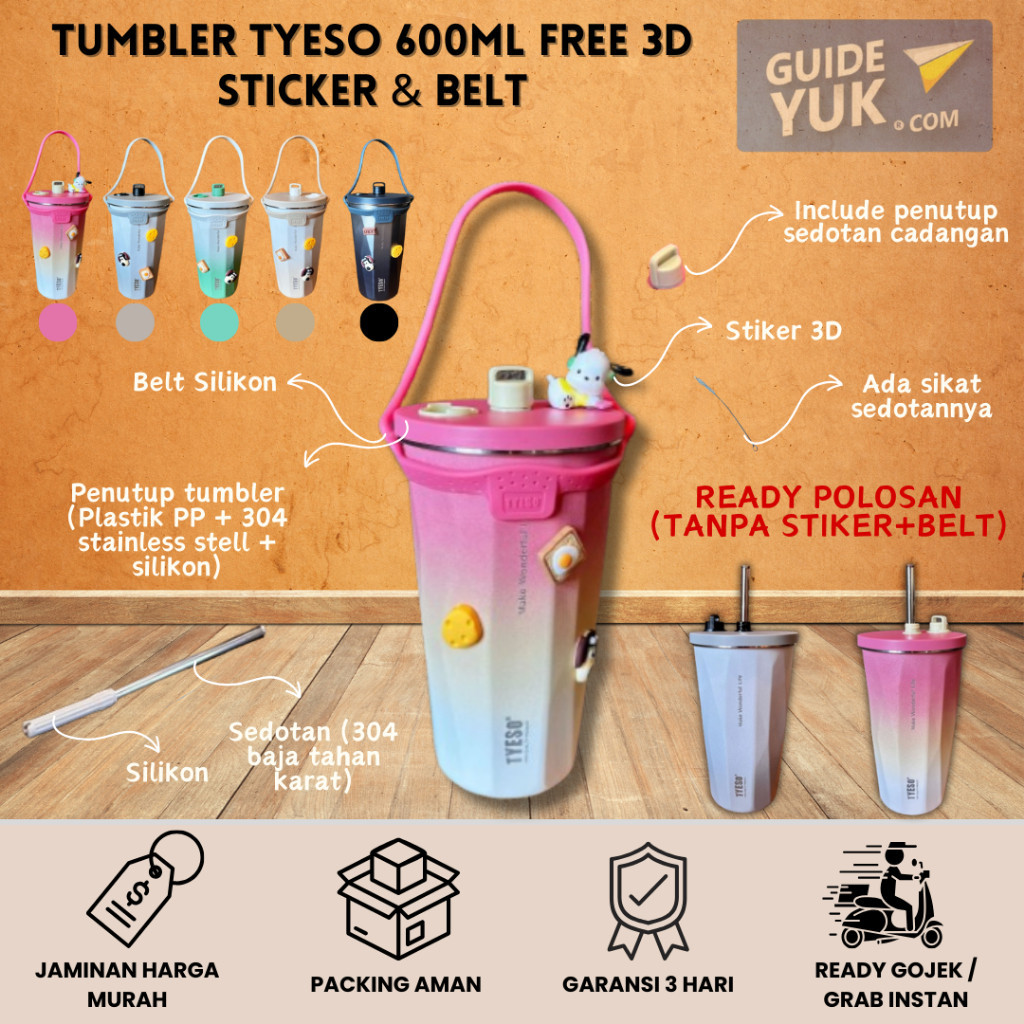 TR54DC Tumbler Tyeso 600ML + Free 3D Random Sticker & Belt / Tumblr Gradasi Anti Bocor / Botol Minum