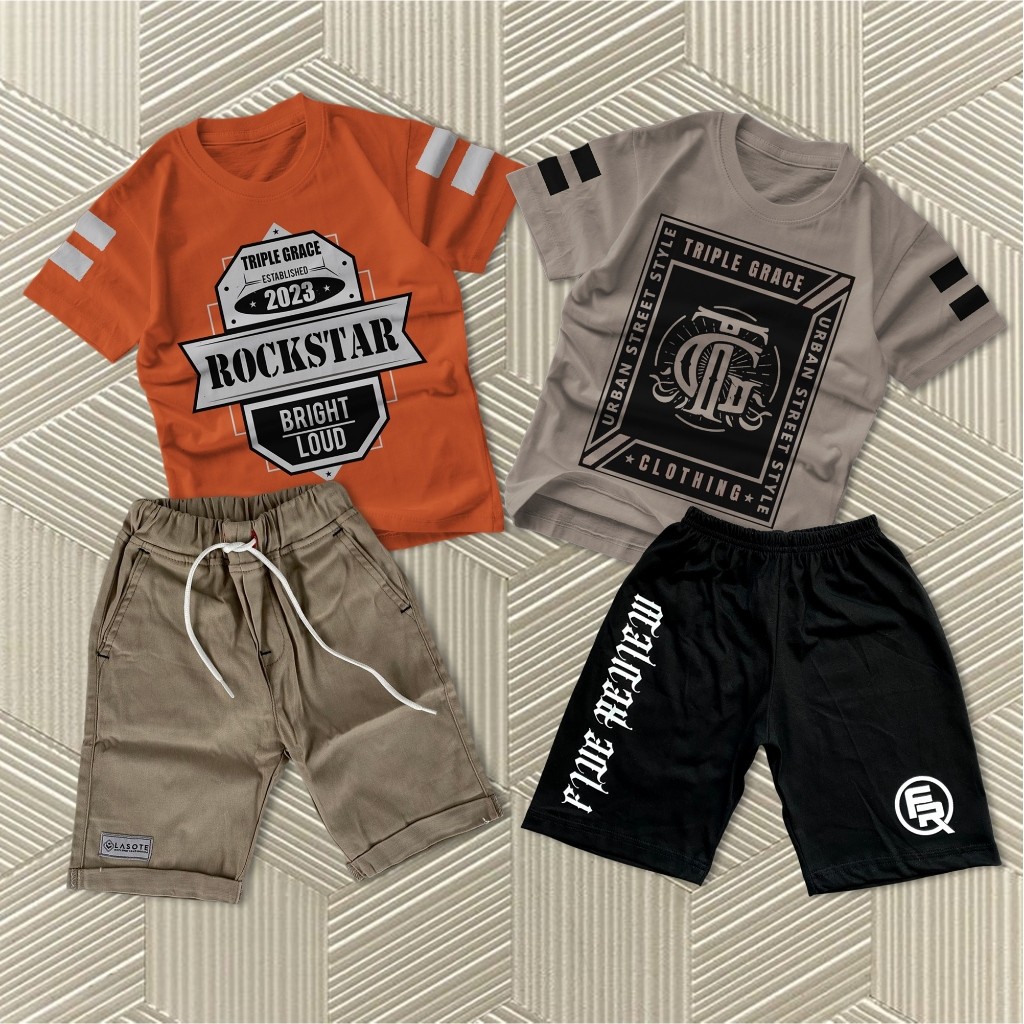 AE45TV Paket Setelan  Isi 4Pics Anak Laki-Laki isi 2pics Kaos Distro & Celana Chino1 Boxer1 Branded 