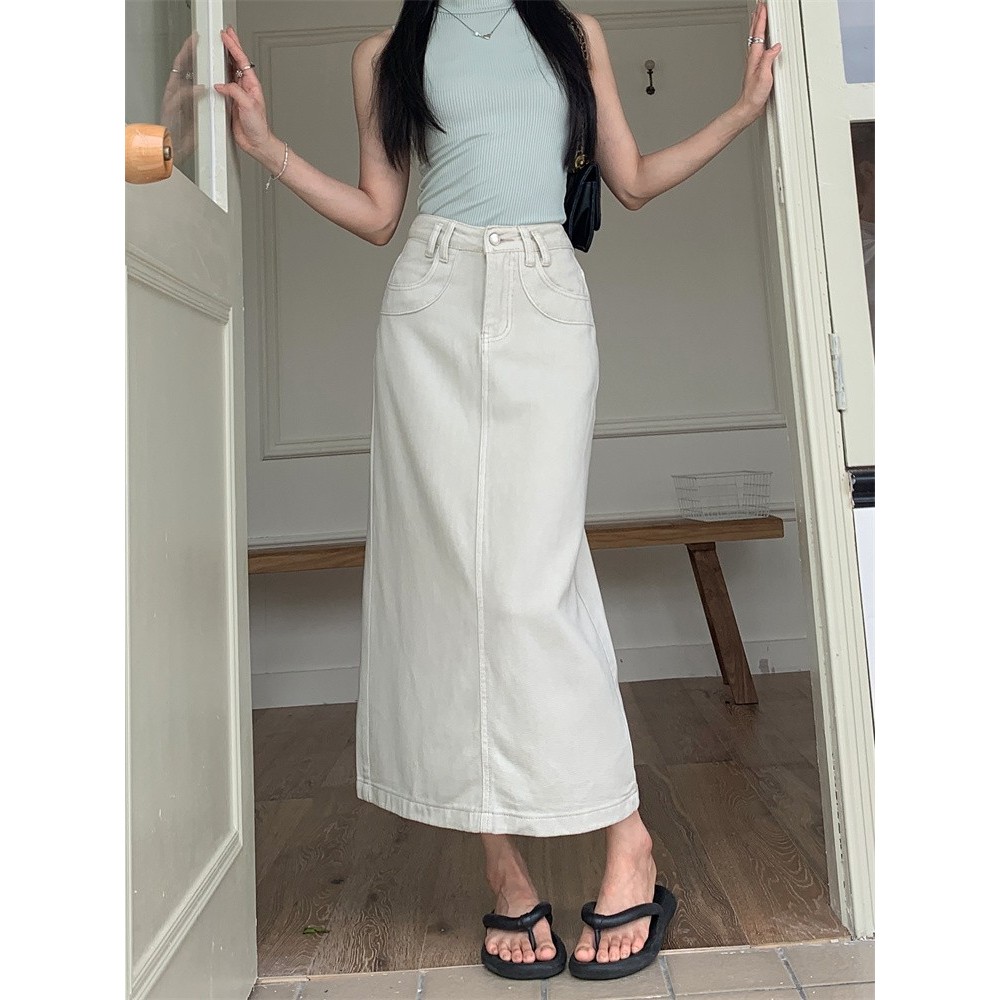 ZHISILAO New White Straight Long Denim Skirt Women Vintage A-line Jeans Skirt Summer 2024