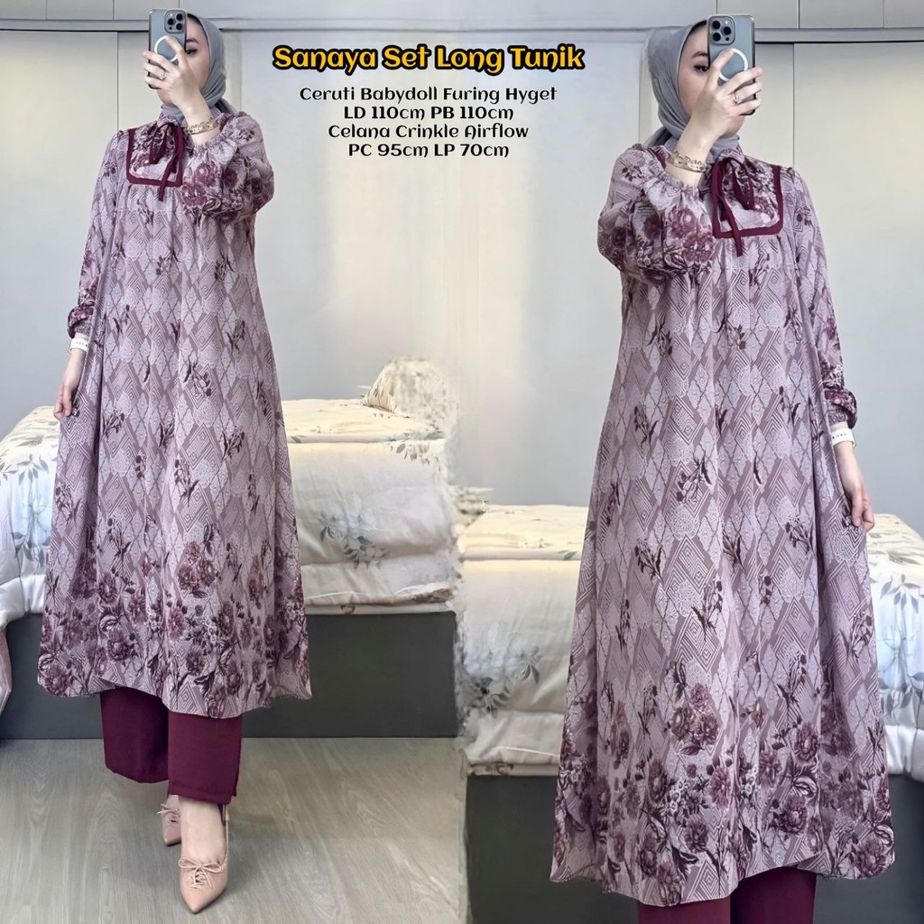 Sanaya Set Long Tunik - One Set Wanita Kekinian Tunik Ceruti Babydoll Baju Setelan Celana Kulot OOTD