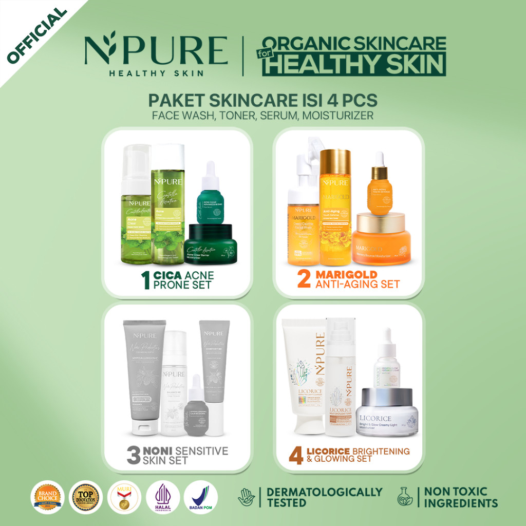 NPURE【4 PCS】  Paket Face Wash + Toner + Serum + Moisturizer Cica Acne - Marigold Anti Aging - Noni S
