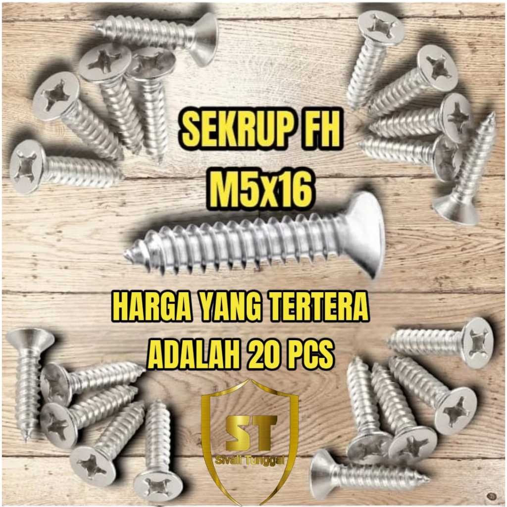 (HARGA 20 PCS) SEKRUP FH (M5X16) STAINLESS 201- SKRUP FH TAPPING SCREW