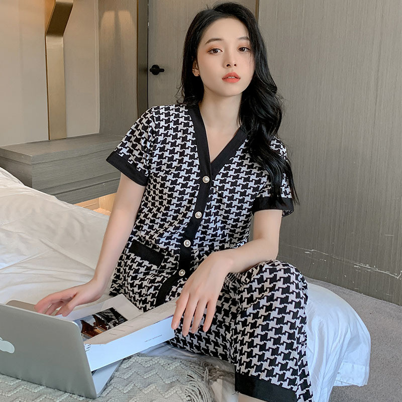 

Spring/Summer Pajamas Women's Short Sleeved Long Pants V Wall Cotton Thin Sweet Summer Women's Large Loose Home Fury