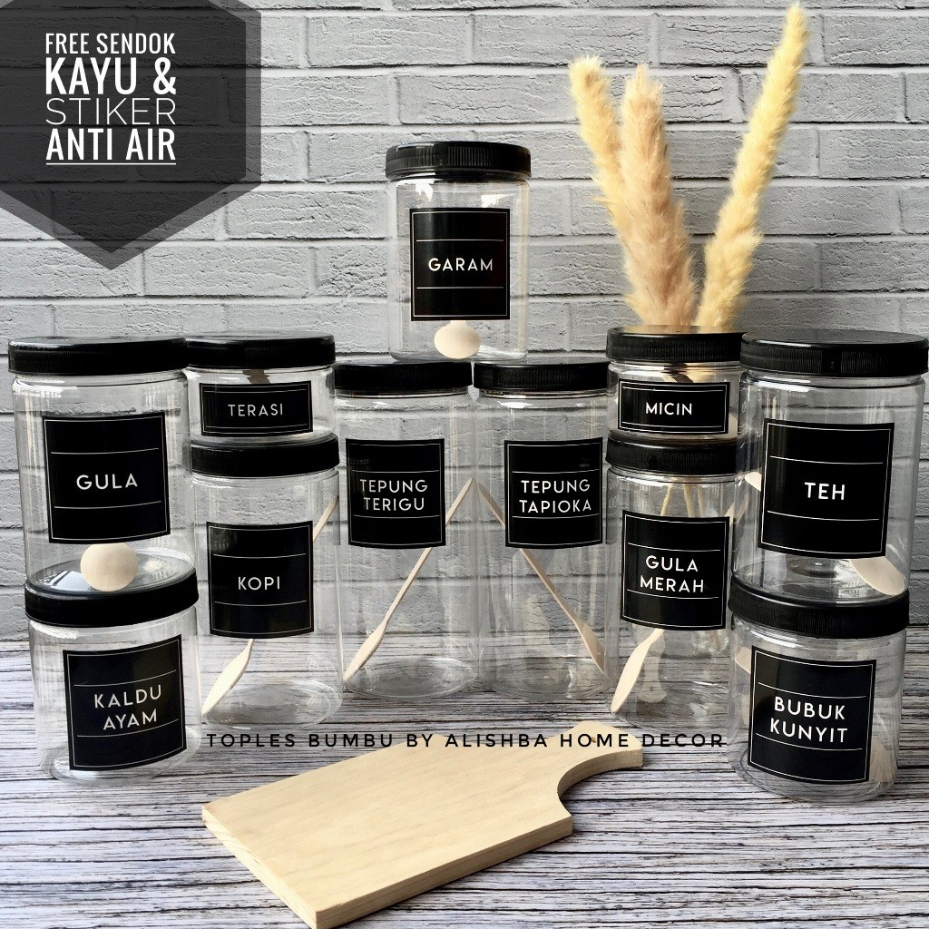 BM77BM TOPLES BUMBU DAPUR TUTUP HITAM (PLASTIK) 11 PCS PAKETAN MODEL MINIMALIS FREE SENDOK KAYU DAN 