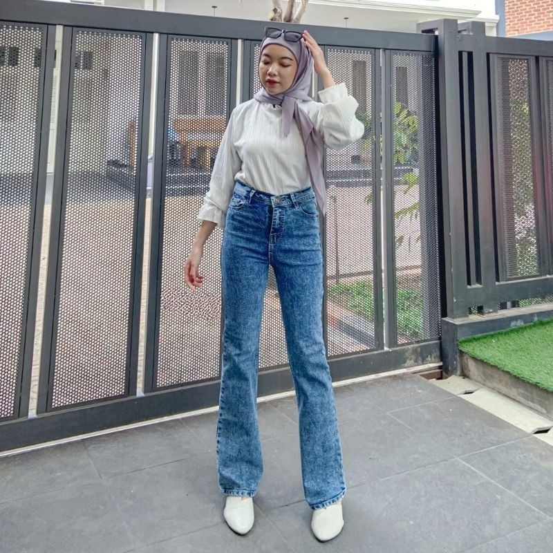 Celana Jeans Wanita Panjang Cutbray Denim Stretch Import Highwaist HW Loose Premium Biru Hitam Abu