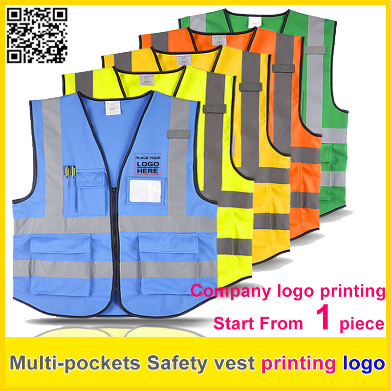 High Visibility Safety Reflective Vest Print Logo Work Vest Multi Pockets Uniform