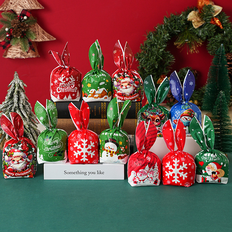

50pcs Plastik Ikat Natal Goodiebag 18*30+9CM Merry Chrimast Terbaru 2025 Plastik Telinga Kelinci Santa Clause Plastik Permen Snack Cookie Srbaguna