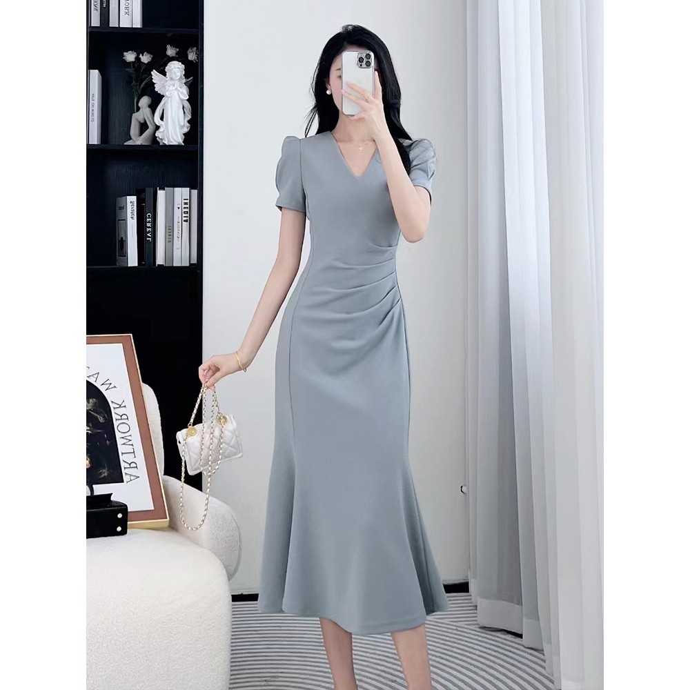 summer dress biru langit korean style formal dress gereja wanita kristen elegant midi dress lengan p