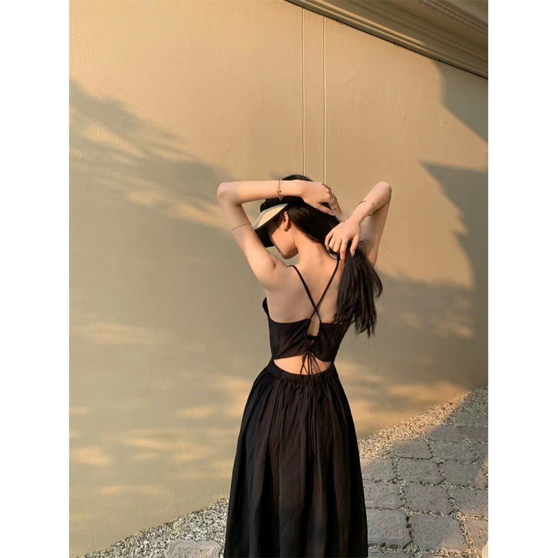 Midi Dress Hitam Seksi Elegan Open Back - Busana Casual Kasual / Korean Style Pakaian Korea Woman / 