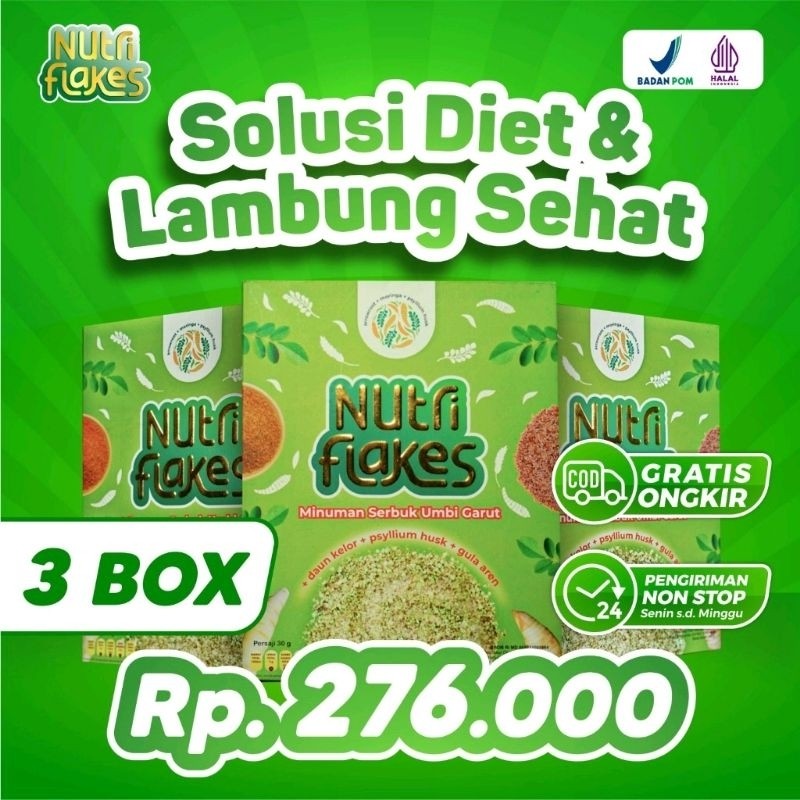 

Nutriflakes 3 Box Sereal Diet Umbi Garut dan Daun Kelor Atasi Asam Lambung Gerd Radang Lambung 200gr