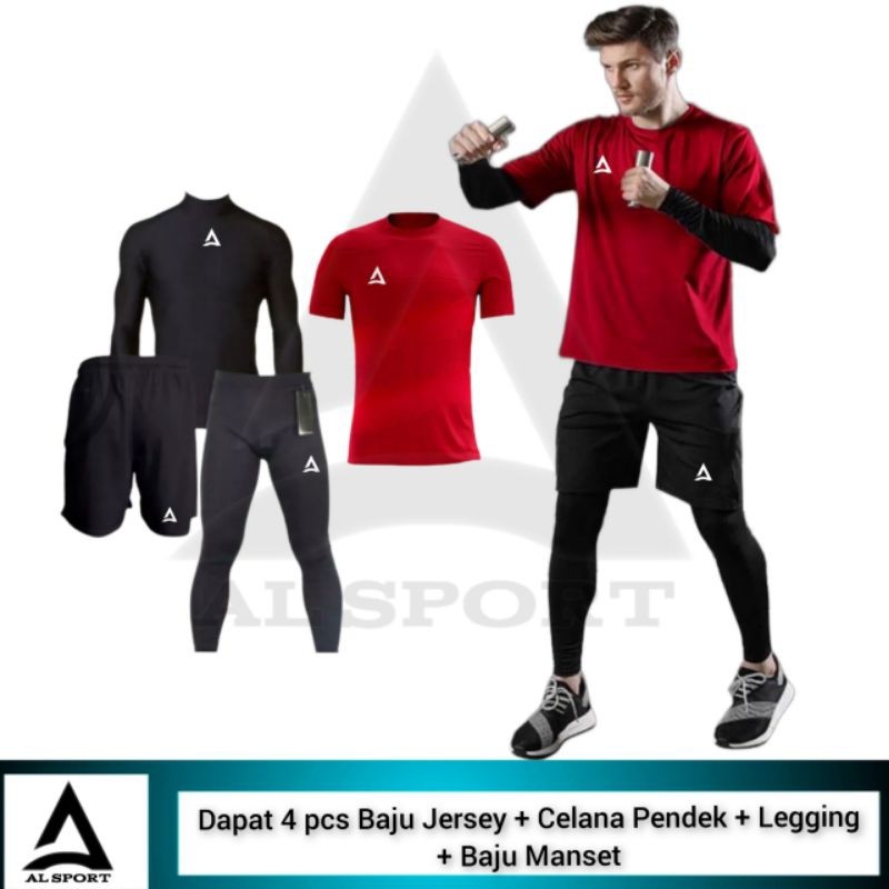 4 IN 1 Stelan Olahraga Pria Baju Jersey Celana Pendek Legging Manset Baselayer
