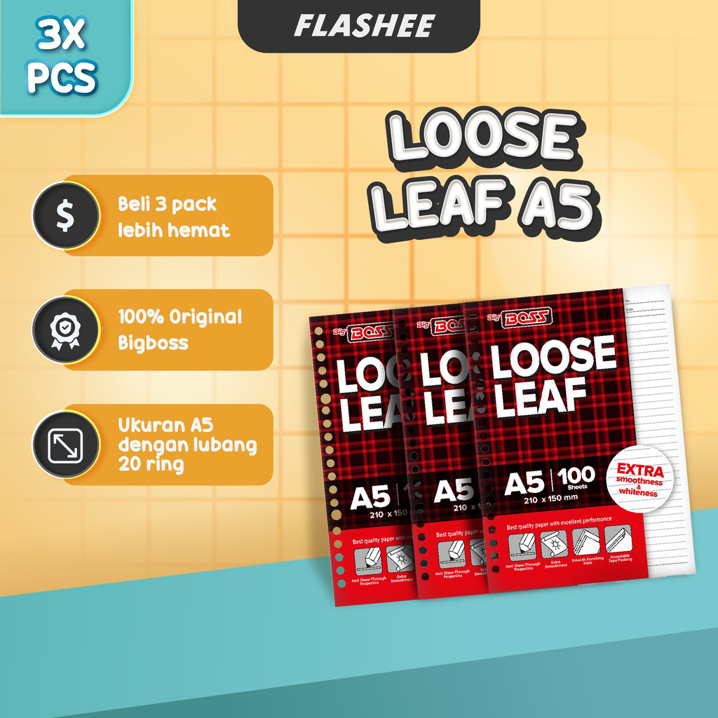 

Flashee Paket Hemat 3 Pack Loose Leaf A5 20 Ring Kertas Garis Grid Polos Dot 100 Lembar