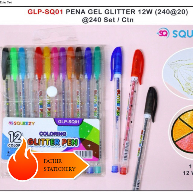 

Pulpen Gel Warna Glitter / Glitter Pen Squeezy 12 Warna