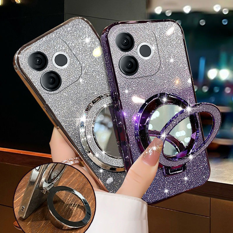 Untuk itel A80 Case dengan Makeup Mirror Holder Stand Luxury Shiny Gradient Plating Glitter Slim unt