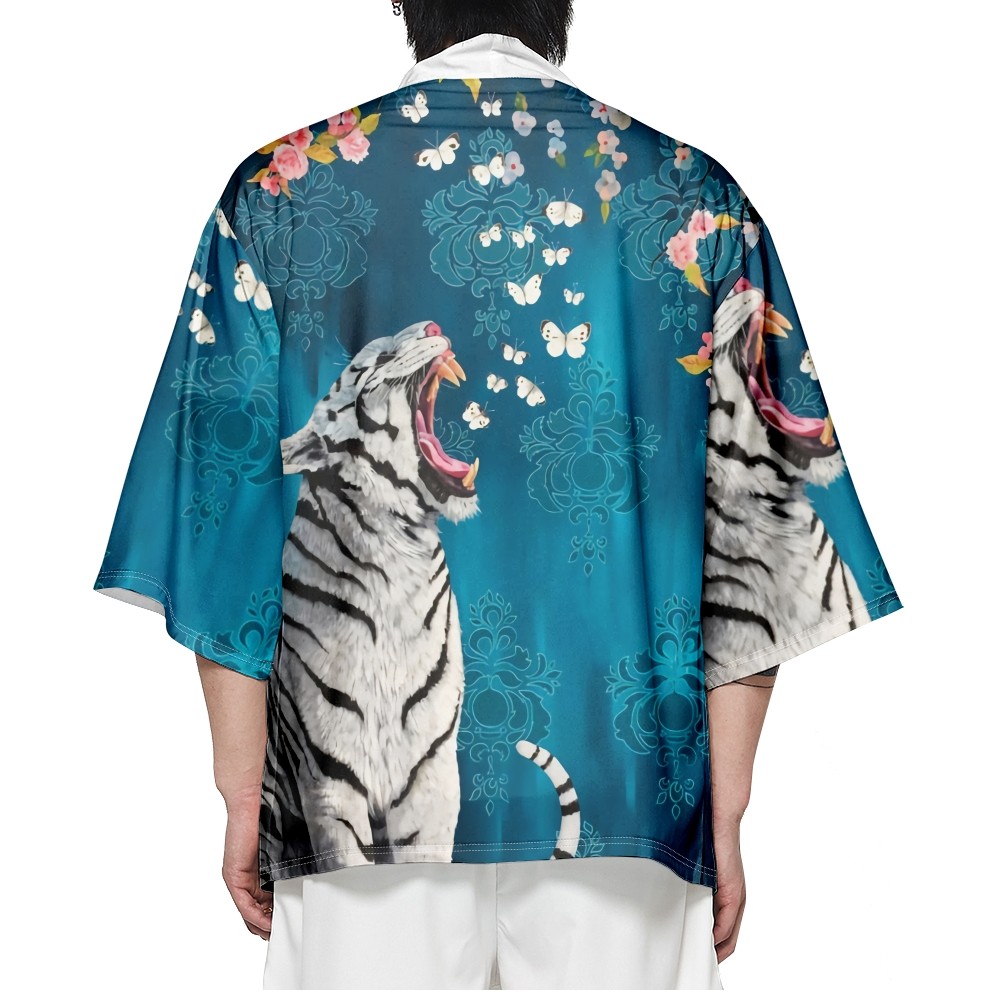 Blue Tiger Print Stretch Polyester Women and Men Loose Casual Harajuku Kimono Cosplay Haori