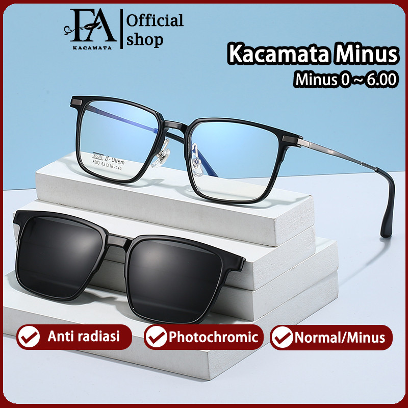 FOMAMATA Kacamata Clip On Pria Wanita Minus Kaca Mata Optik Anti Blueray Photocromic Bluecromic