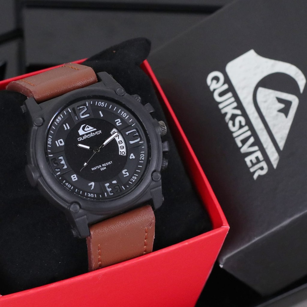 Promo Jam Tangan Pria Analog Kulit Quiksilver Fashion Tanggal Sabit Aktif Free Box