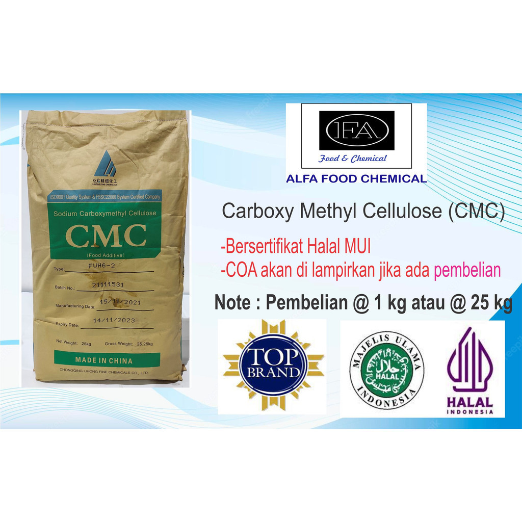 

Terlaris CMC (Carboxymethyl Cellulose) Food Grade/Pengental Minuman dan Makanan Kekentalan 1500-2500 Cps Bersertifikat Halal