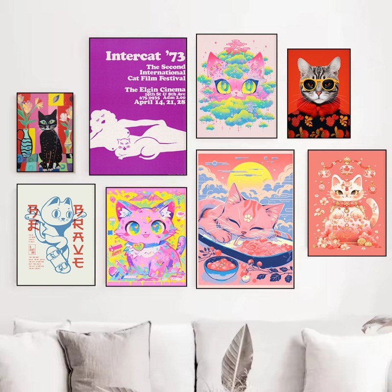 

Fashion Cute Cat Exhibition Poster Print Canvas Art Pictures Home for Living Room Bedroom Wall Modern Decor Frameless Painting