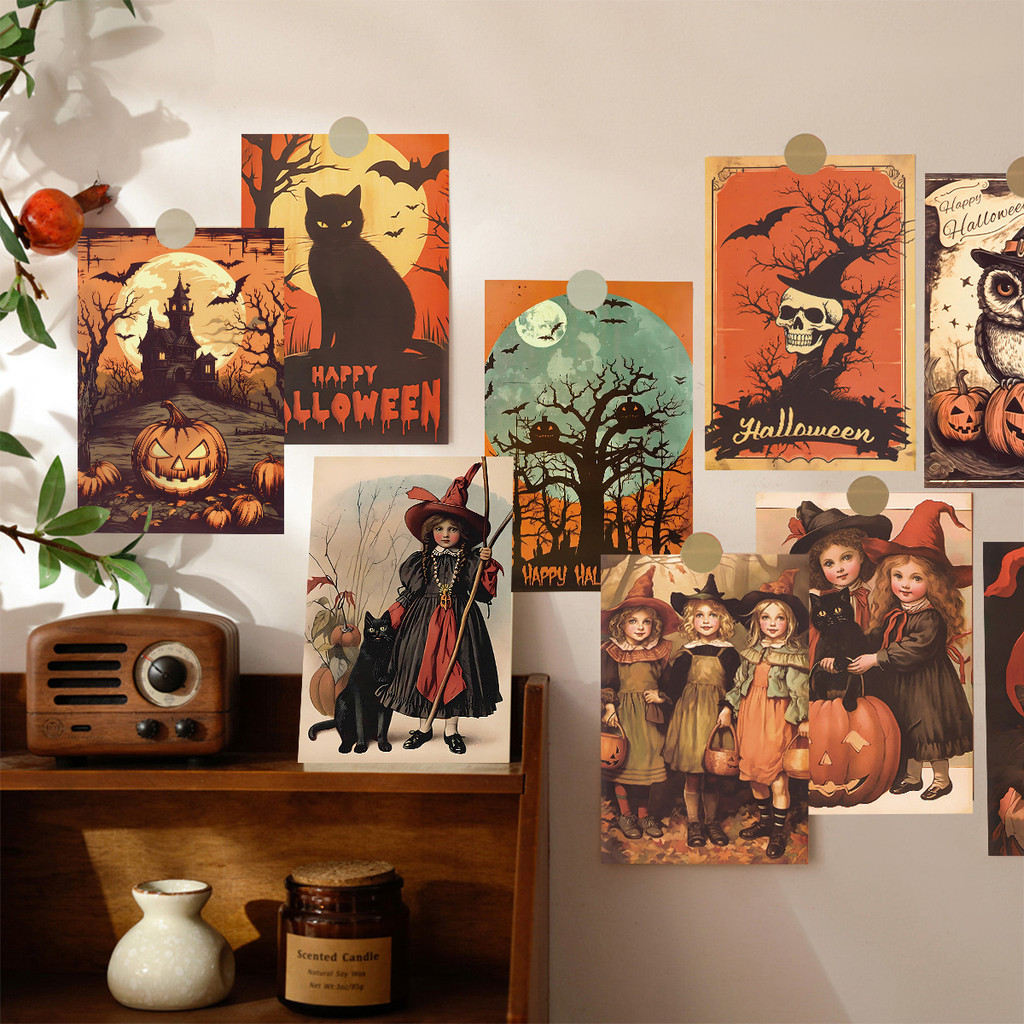 

10pcs Halloween Postcards Set Pumpkin Black Cat,Skeleton Pattern Greeting Card Halloween Decoration Poster Wall Art Home Decor