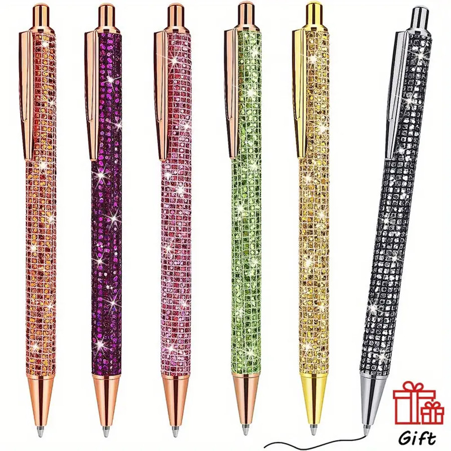 

6pcs Bling Diamond Metal Pens For Home School Office, Gift Pens Glitter Ballpoint Pens With Retractable Writing Black Ink Medium