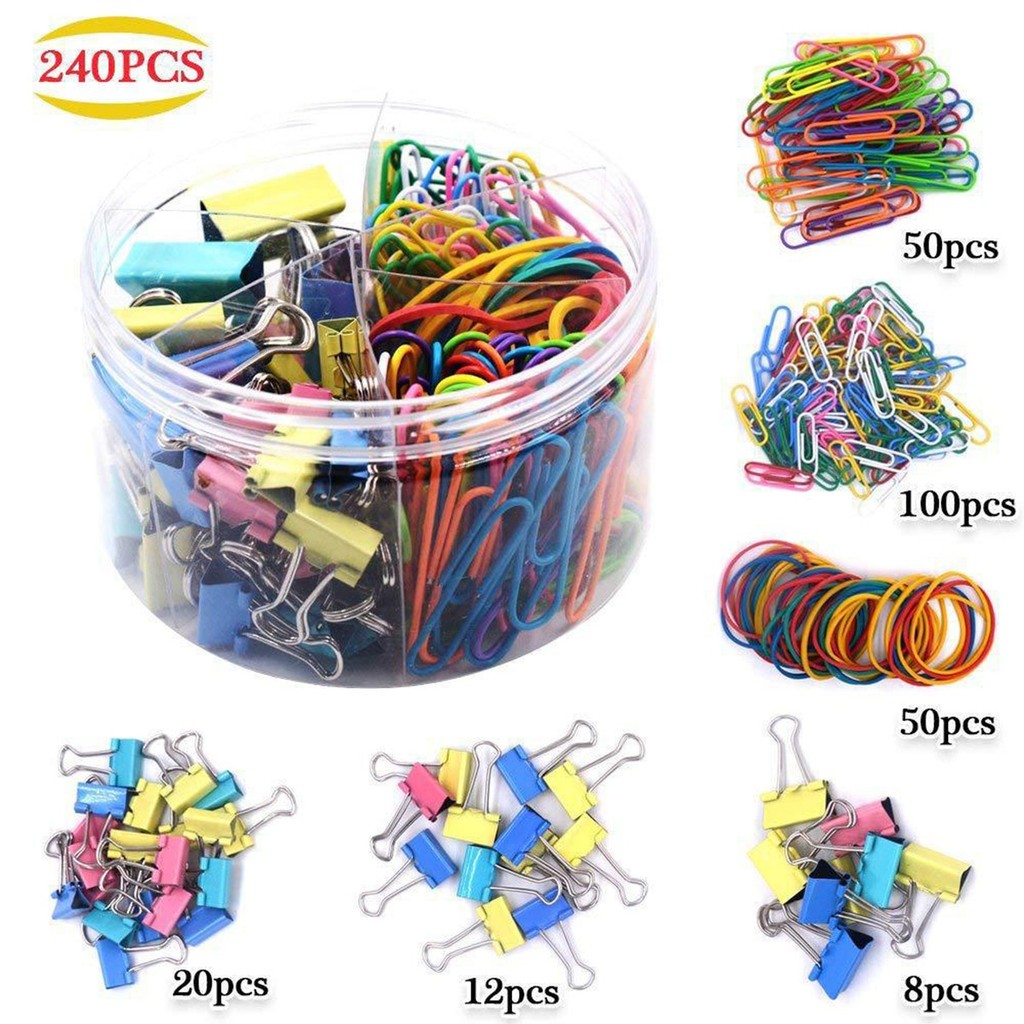 

240PCS Paperclip Binder Color Office Clip Set Multi Size Office & School Supplies Rubber Band Document Sorting