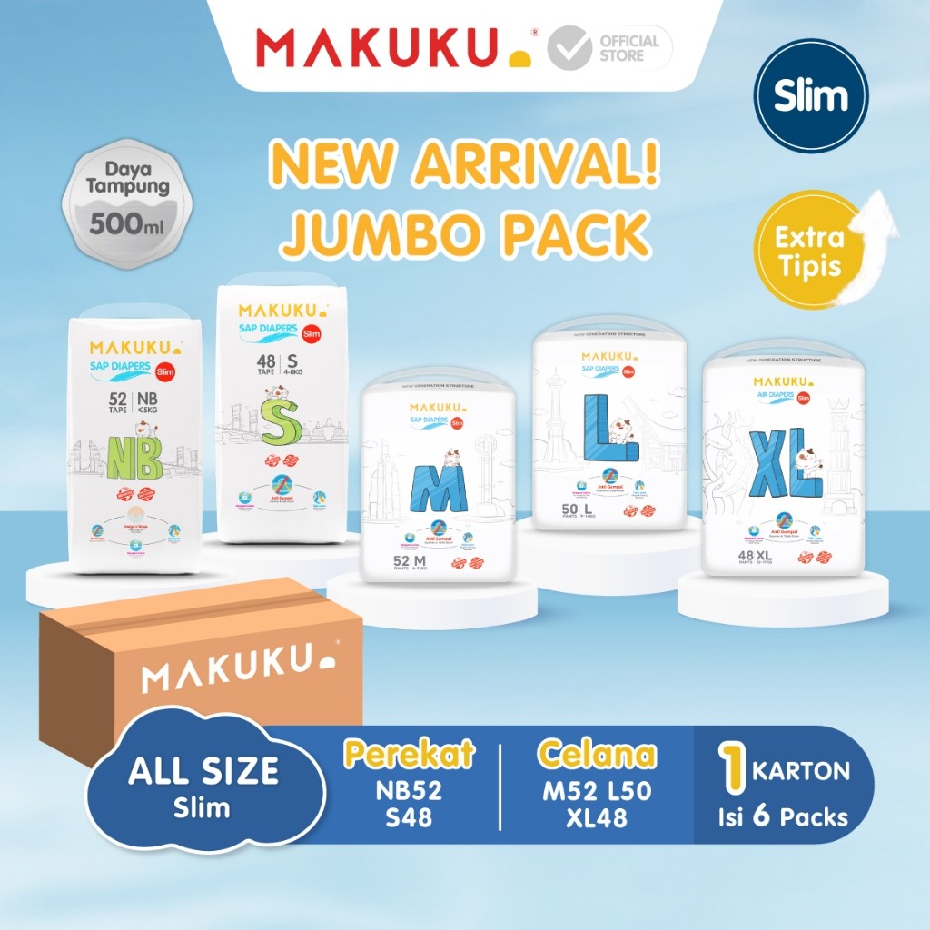 

[6 Pack Karton] MAKUKU Sap Diapers Slim Jumbo / Popok Bayi Tipis Sap Anti Gumpal Cepat Kering Sekali Pakai Tipe / Nb52/S48/M52/L50/Xl48/ Perlengkapan Bayi Baru Lahir / Popok Newborn