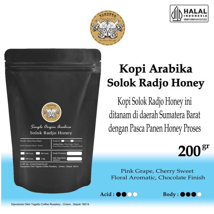 

BIJI KOPI ARABIKA SOLOK RADJO HONEY 200GR | SPECIALTY ARABICA BEAN GROUND BUBUK 200 GRAM TAGETTO COFFEE - MEDIUM ROAST, BIJI KOPI