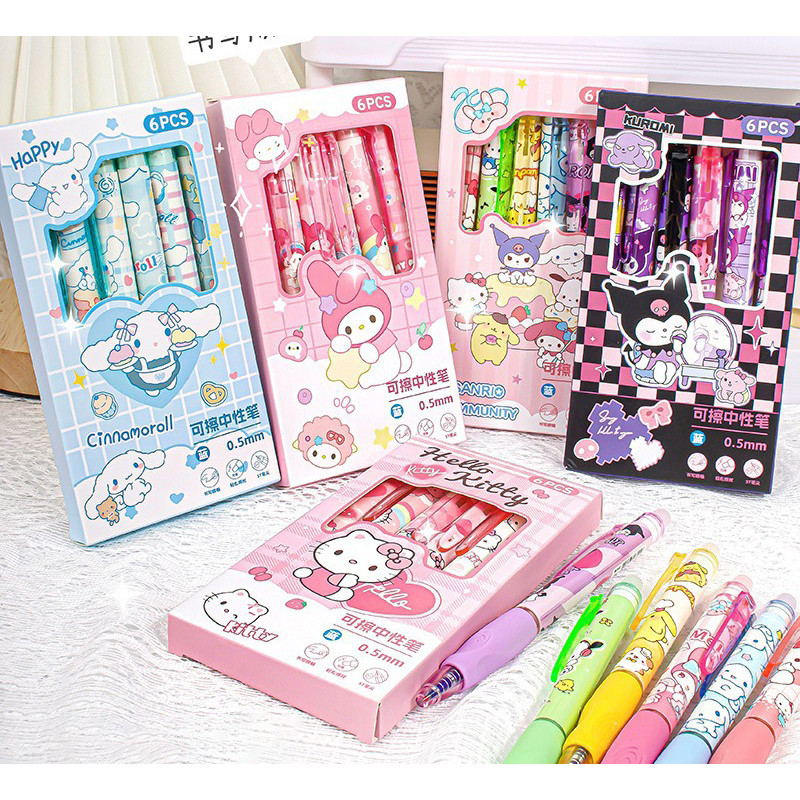 

6pcs Kawaii Children Gel Pen Hello Kitty Cartoon Kuromi ST Erasable Black 0.5mm Press The Ballpoint Pen Learning Stationery Gift