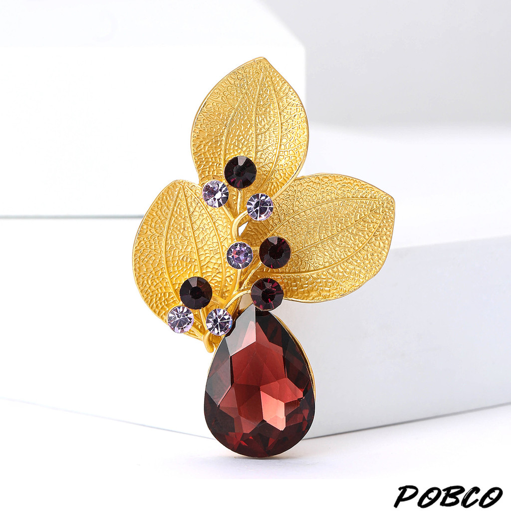 PoBco Bros Vintage Tiga Daun Kristal & Emas Matte - Aksesoris Elegan Serba Cocok L990