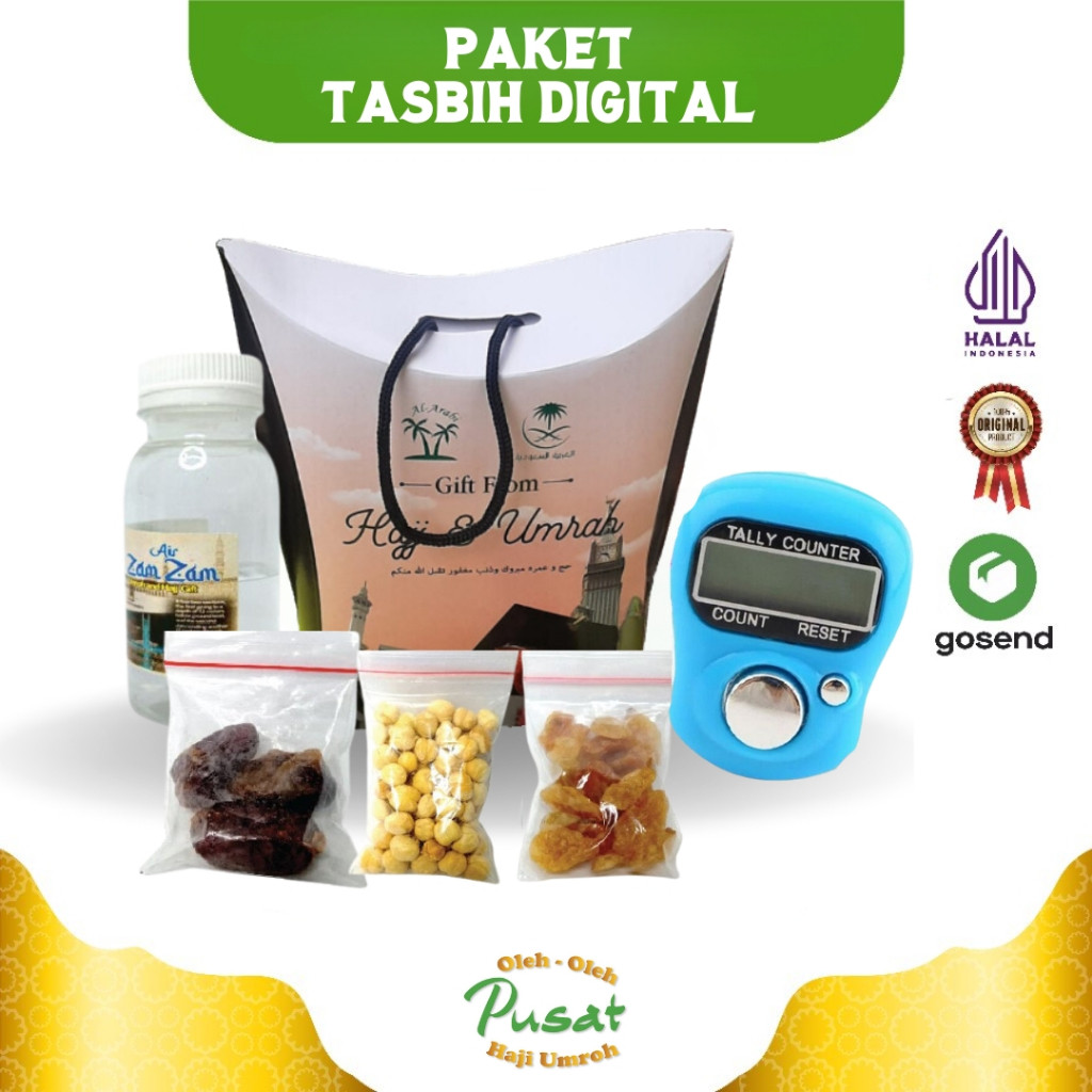 

Paket Dus Jinjing Oleh oleh Haji dan Umroh tasbih digital + zamzam + kurma + kacang arab + kismis golden