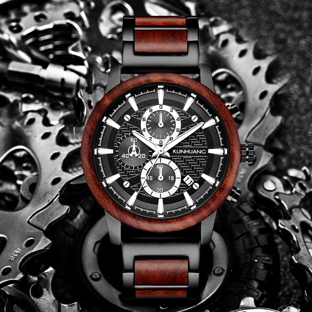 KUNHUANG Wood Watches Luxury Multifunction Wooden Men's Quartz Retro Watch Fashion Sport Timepieces 