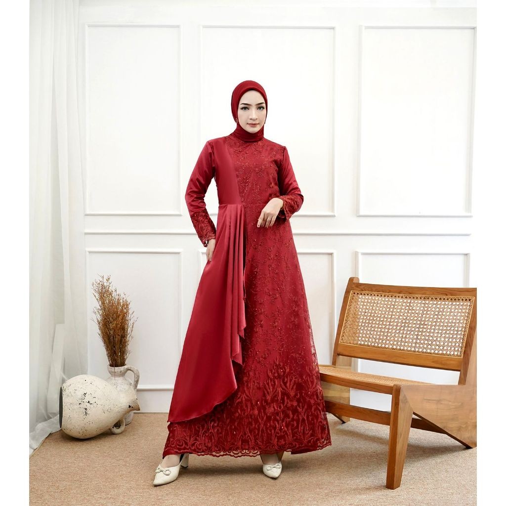 Gamis Mafaza Brokat TilLe Bordir Maxi Dress Lebaran Brukat Tulle Baju Muslim / Dres Muslim Pesta Kon
