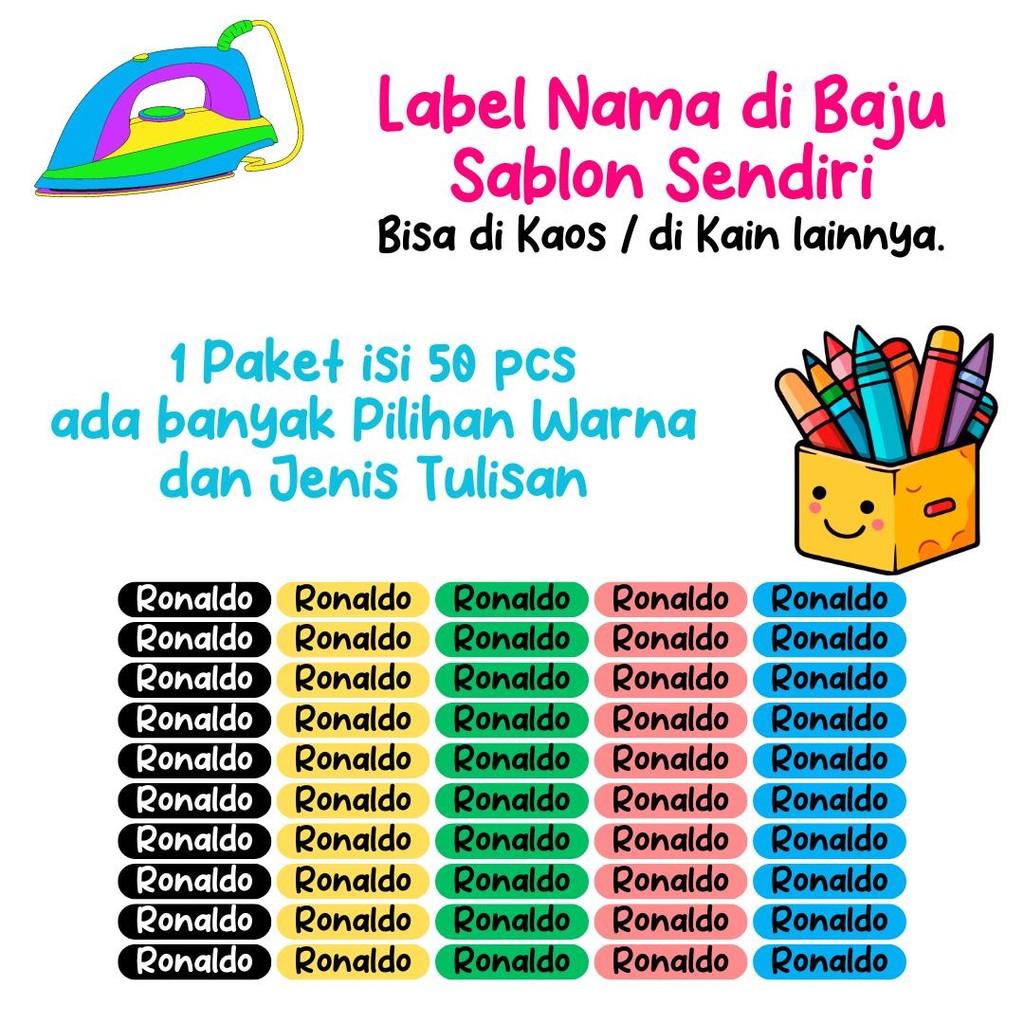 

Sticker Nama Sablon Sendiri - Warna dan Jenis Tulisan Beragam - Label Nama Printing Kain dan Kaos bisa Sablon Setrika Sendiri - Gratis Custom Nama