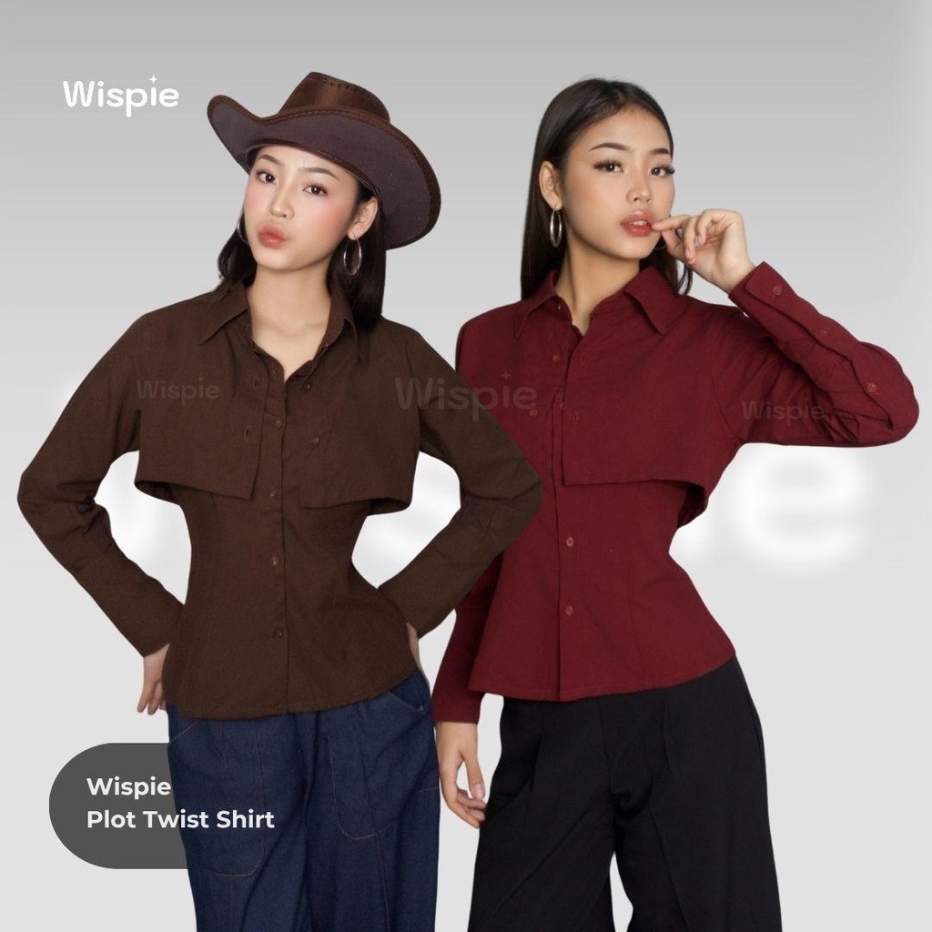 Wispie Plot Twist Shirt | Kemeja Lengan Panjang Wanita Maroon Coklat Fitted Slim Blouse