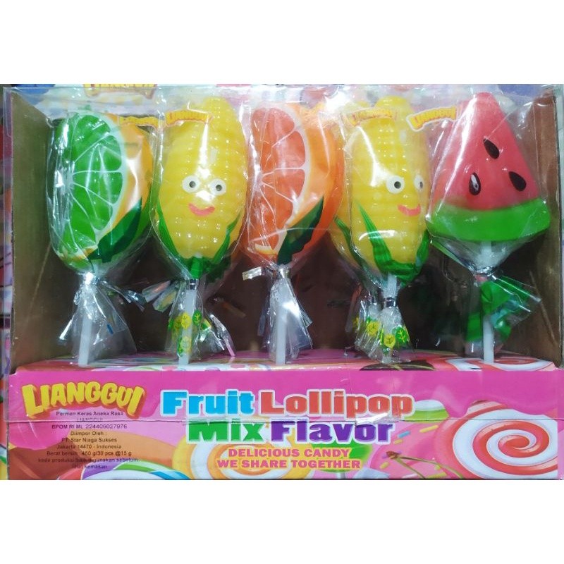 

LiangguI Fruit Lollipop Mix Flavor / Permen Bentuk Buah ( isi 30 pcs @16gr )