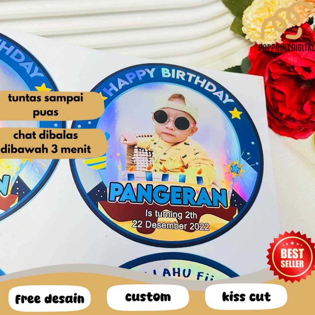 

PpD Sticker Bulat Hologram Ulang Tahun Stiker Label Undangan Happy Birthday Kecil Free Desain