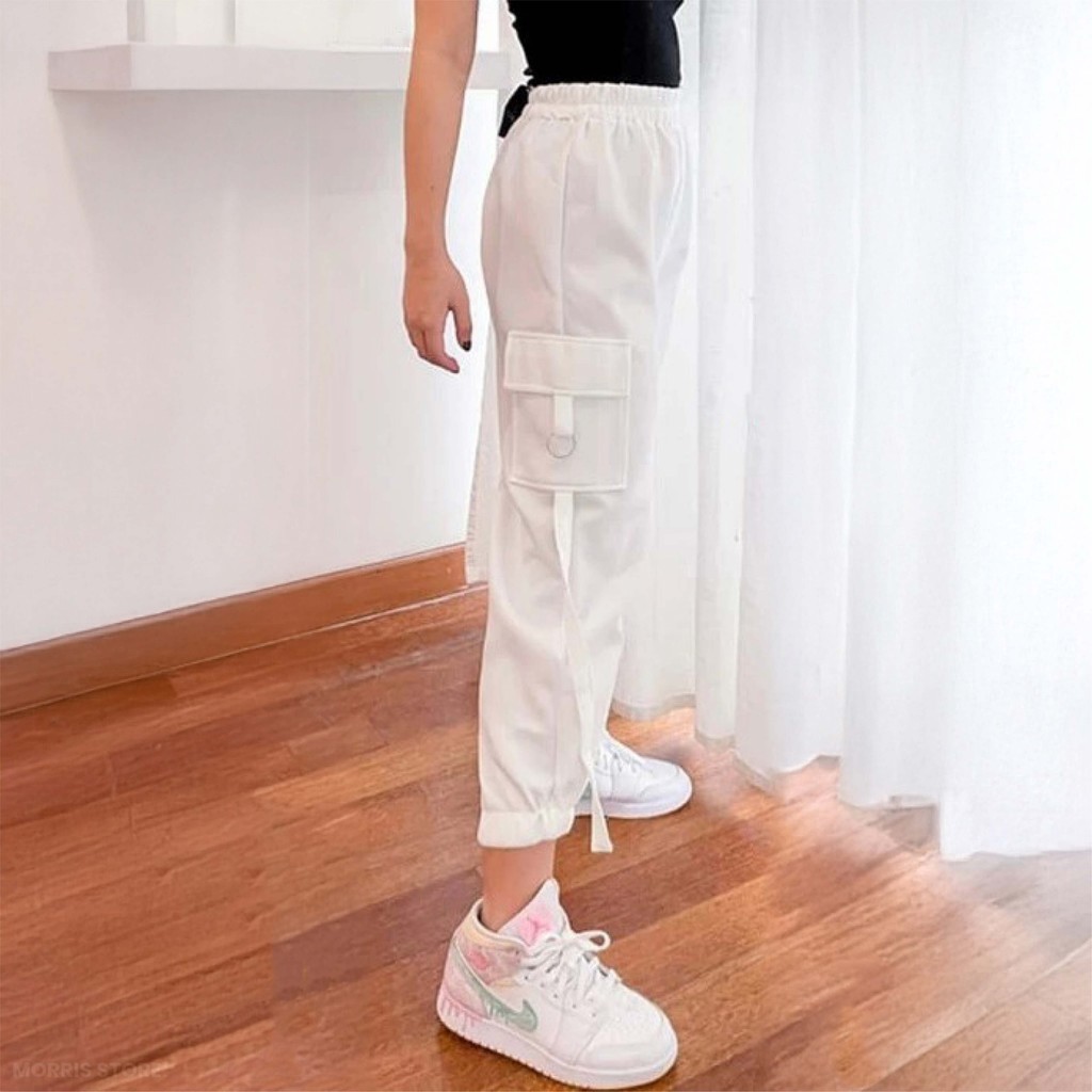 Cargo Pants Wanita Celana Cargo Korean Style Kekinian Hitam Putih Morris Store