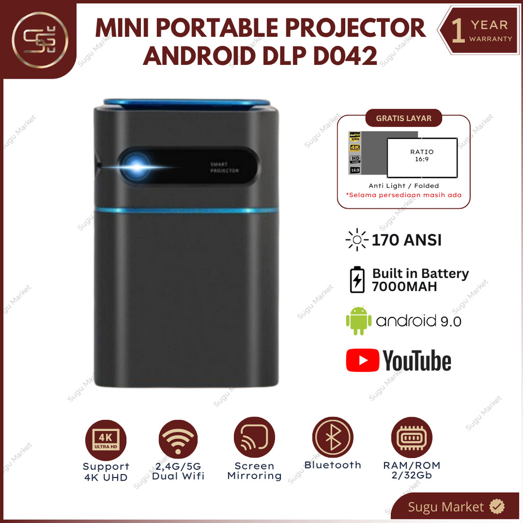 Proyektor Mini DLP D042 170 ANSI Lumens Built in Battery 7000mAh Android 9 4K 2/32GB | Projector And