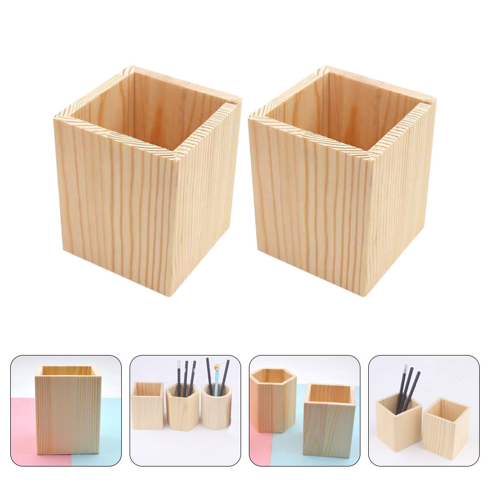 

2 Pcs Pine Wood Pen Holder Desk ganizer Stationery Container Makeup Brush Pot Storage Office Supplies Wooden Pencil Cup Desk