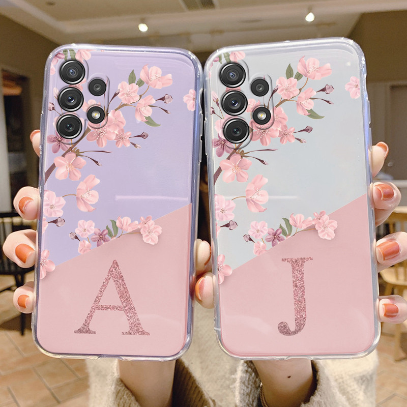 Initial Letter Case For Samsung A32 4G Capa A32 5G Fashion Phone Cover Pink Flowers Alphabet Transpa