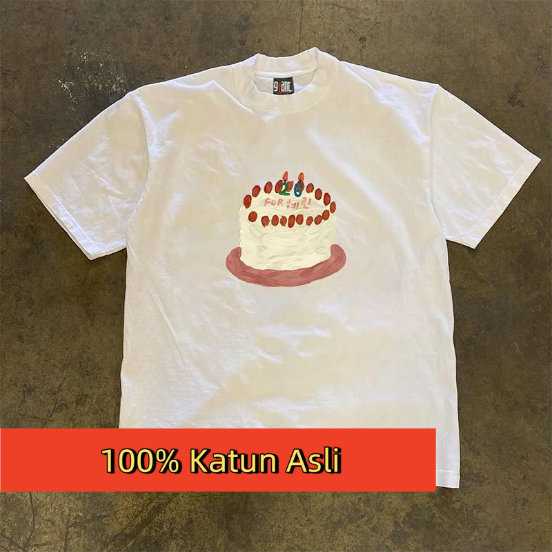 Kaos Katun Motif Kue Ulang Tahun - Desain Minimalis Korean