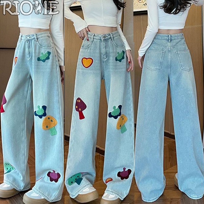 S-7XL Celana Jeans Wanita Model Lurus Bordir Pinggang Tinggi Biru Retro