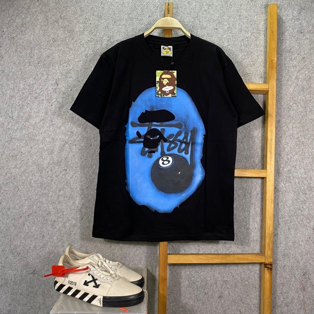 BAJU KAOS TSHIRT BAPE A BATHING APE HEAD STUSSY 8 BALL BLACK