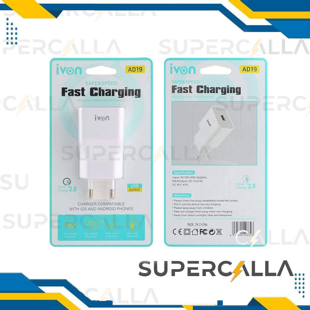 iVON SAFE & SPEED Fast Charging Keep Your Mobile Device Powered USB Kepala/Batok Charger AD19 Adapto
