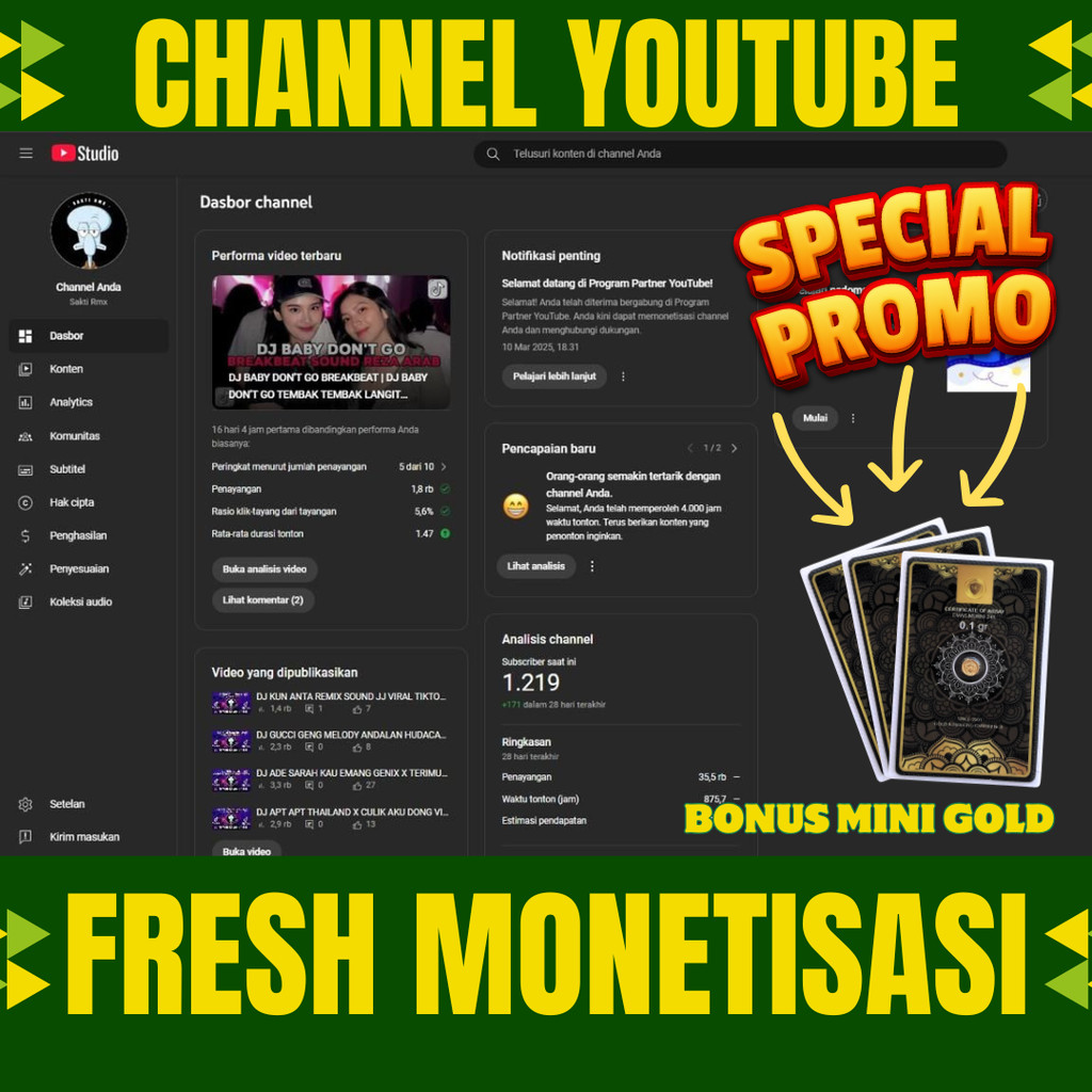 JUAL AKUN YOUTUBE SUDAH MONETISASI (FRESH) TINGGAL PAKAI SEPAKET ADSENSE