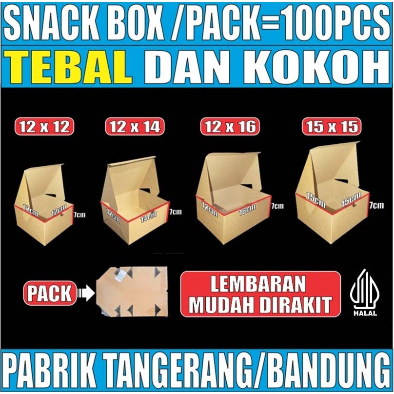 Snack Box Tebal 12x12 / 12x14 / 12x16 / 15x15 Dus Kue Kraft Coklat Lembaran Per Pack