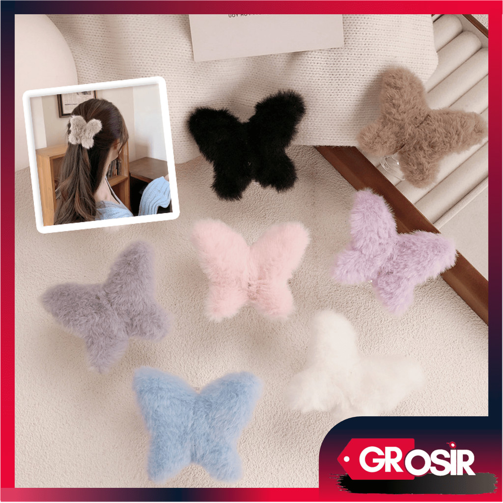 Grosir - F6667 Jedai Wanita Bahan Bulu Lembut  / Jepit Rambut Wanita Lucu / Jedai Rambut Motif Kupu 