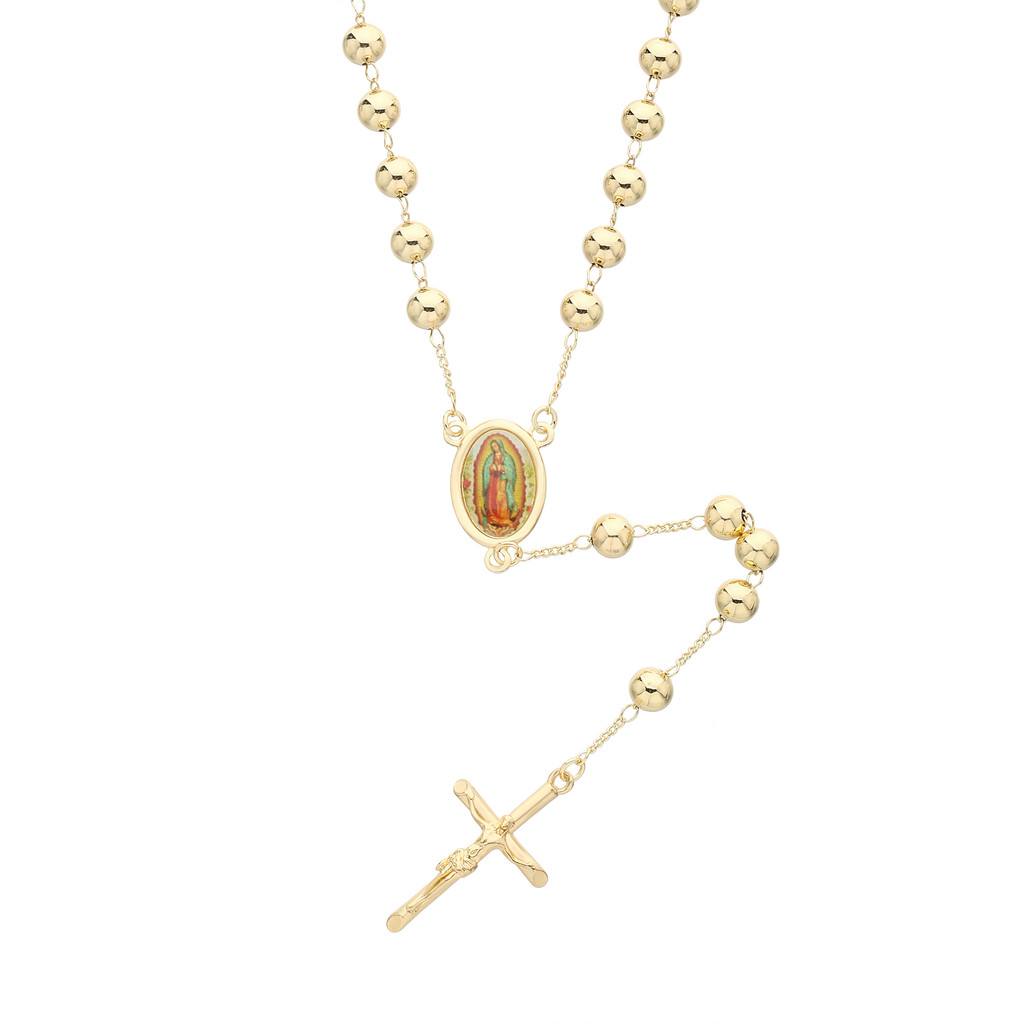 FanSibao Y shaped bead chain Golden Virgin Mary cross prayer bead pendant long necklace ladies and g